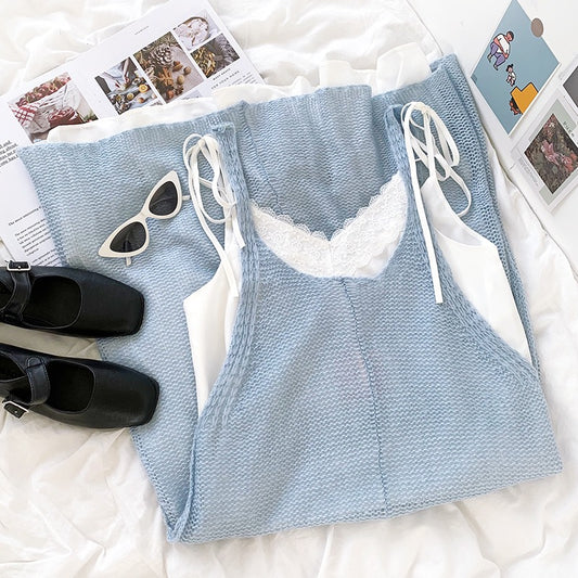 RENA milk blue layered knitted hollow blouse skirt + gentle lace stitching V-neck slim straight strap suspender skirt