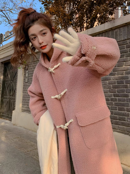 Pink lamb wool coat women's winter thickened long knee-length 2022 new milk fufu hooded niche cotton-padded clothes tide