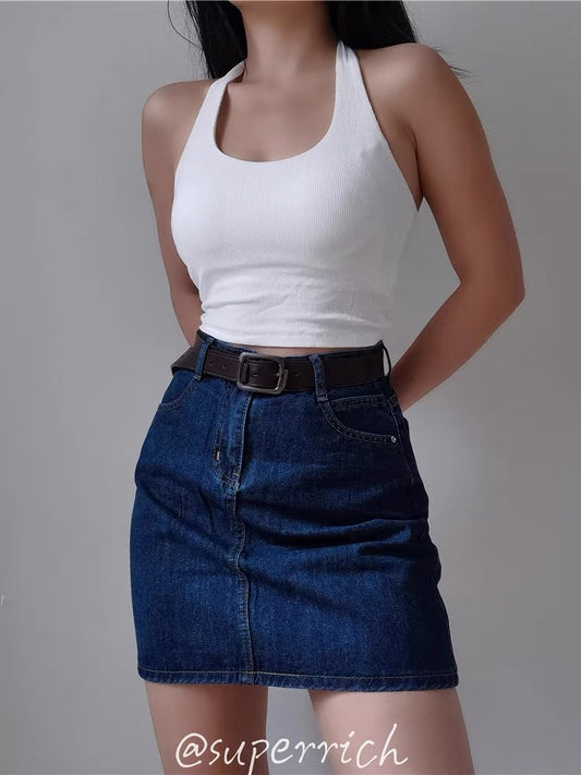 SUP American summer retro high waist primary color denim dark blue package hip skirt A-line skirt small short skirt female