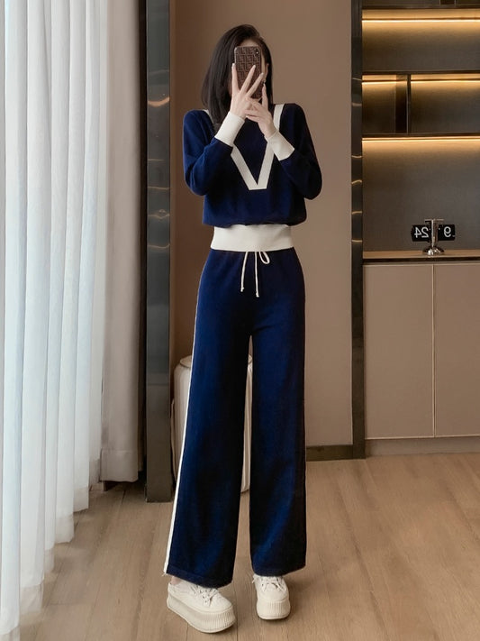 Small fragrance style casual fashion suit women's autumn and winter age-reducing temperament knitted waist sweater wide-leg pants two-piece western style