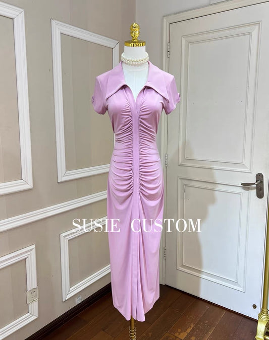 Temperament Model Showing Figure Lapel V-neck Hollow Sleeves Pleated Elastic Slim Fit Waist Slit Long Skirt Dress