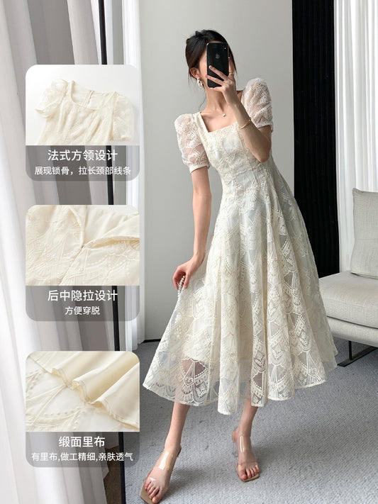 FT GUOGE square neck dress female 2022 summer new high-end French retro gentle style organza long skirt
