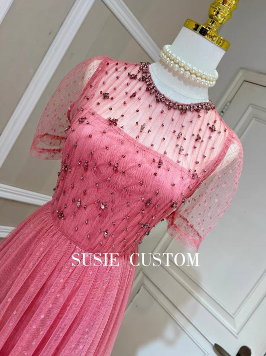 Customized French Large Puff Sleeves Elastic Cuffs Can Be Off-the-Shoulder Wear Rhinestones Decorated Waist A-Line Skirt Dress