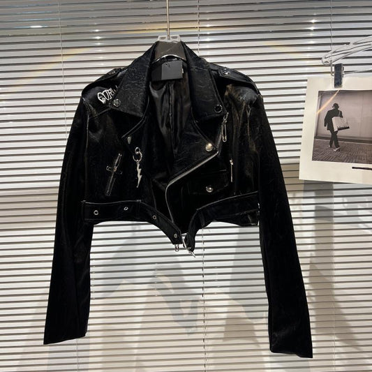 Net red same style 2023 spring new locomotive hot girl letter embroidery lychee leather bright surface PU leather leather jacket female