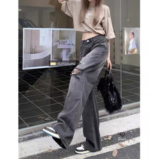 1114 Kumikumi loose ripped jeans women's summer retro old straight-leg pants show thin wide-leg pants long pants tide