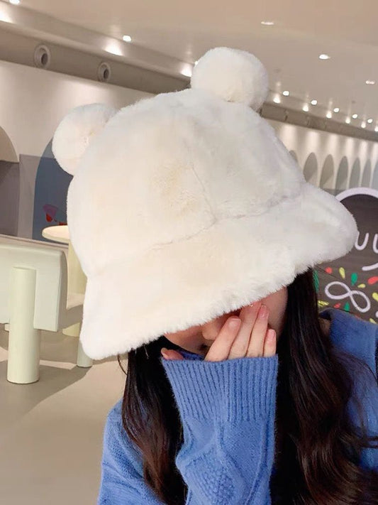 Japanese cute leopard ear plush fisherman hat female winter all-match student thickened fur ball warm basin hat trendy
