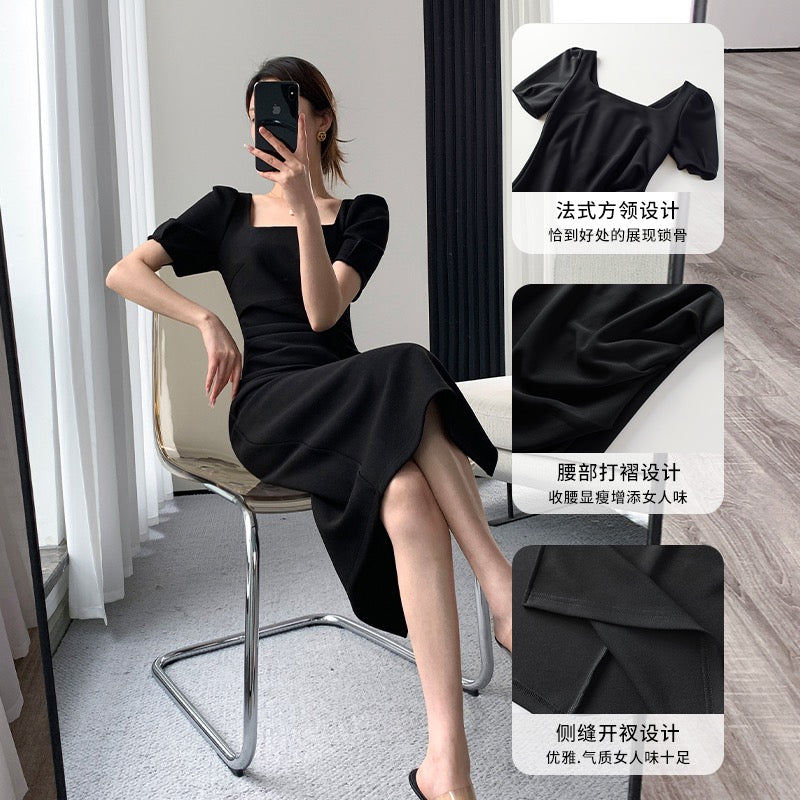 FT GUOGE black dress women's 2022 summer new waist slim French temperament Hepburn style square collar long skirt