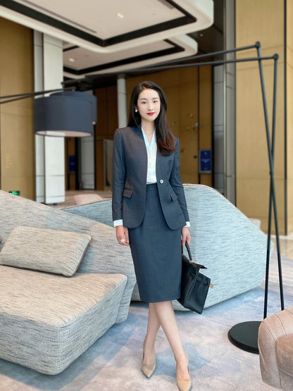 Autumn high-grade wool gray one-button suit jacket fashion commuter bag hip one-step skirt slim fit suit