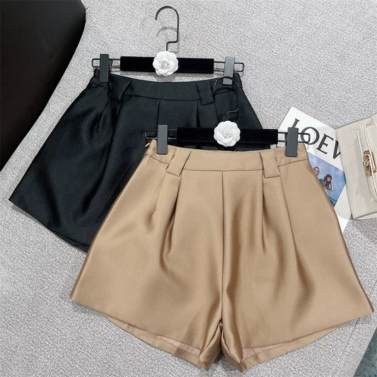 2022 early autumn new American trend texture women's sexy slim fit pearl satin A-line high-waisted wide-leg shorts 1617