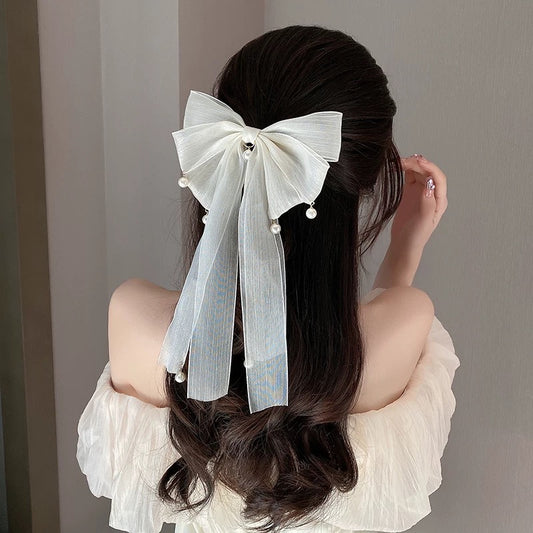 Bow headwear clip female summer temperament pearl shark clip large clip net red 2022 new hair clip