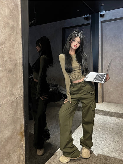 Kumikumi suit women's round neck long-sleeved slim fit high waist overalls long pants