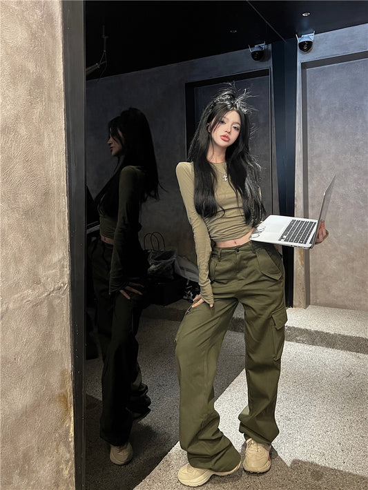 Kumikumi suit women's round neck long-sleeved slim fit high waist overalls long pants