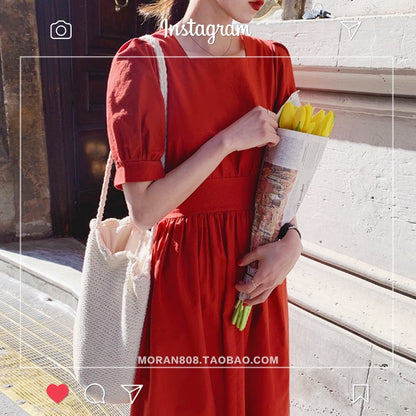 French-style long skirt waist slim temperament retro cotton and linen dress 2023 summer new platycodon skirt over the knee mid-length