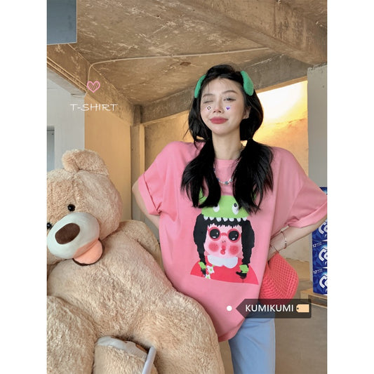kumikumi pink round neck short-sleeved cute girl T-shirt female spring loose casual mid-length bottoming top