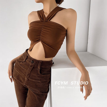 European and American sexy hanging neck camisole women's outerwear open back slit slim fit short section navel knitted top trendy