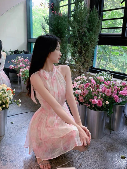 ByYou summer pink halter neck off-shoulder floral dress women's high-waisted thin high-end temperament chiffon fairy dress 1148