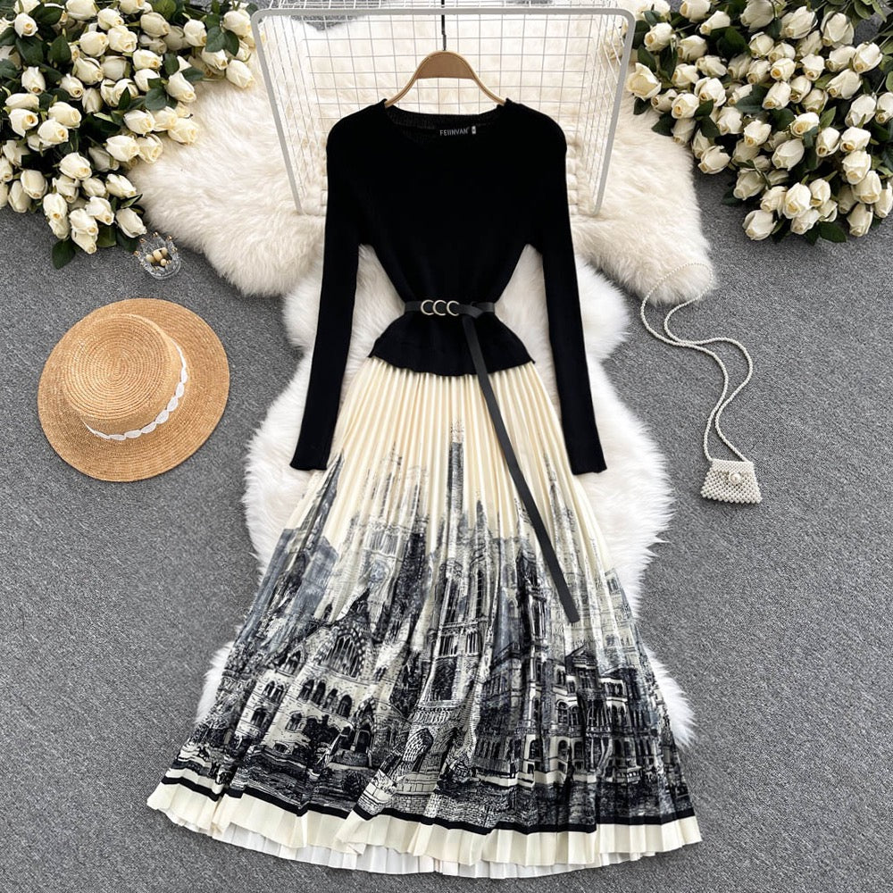Hepburn style French early autumn fashion dress female waist slimming ink painting print stitching knitted pleated long skirt