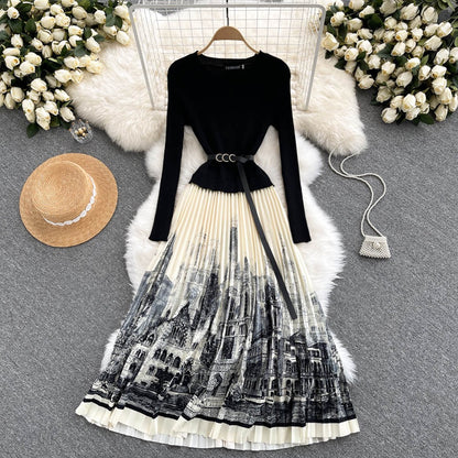Hepburn style French early autumn fashion dress female waist slimming ink painting print stitching knitted pleated long skirt