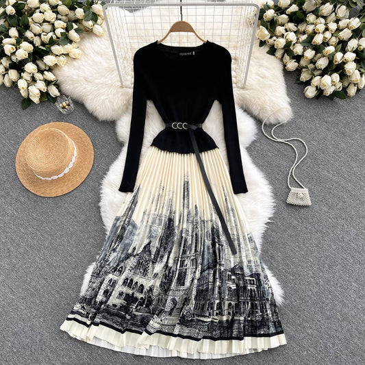 Hepburn style French early autumn fashion dress female waist slimming ink painting print stitching knitted pleated long skirt