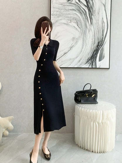 2023 summer new tea break French style polo collar black dress women's knitted short-sleeved design sense slit long skirt
