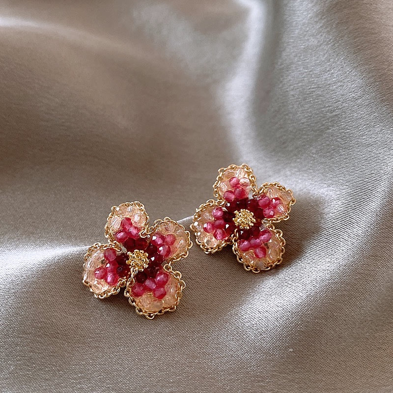 Pink flower earrings female niche design high-end sterling silver needle earrings 2022 new trendy light luxury ear accessories