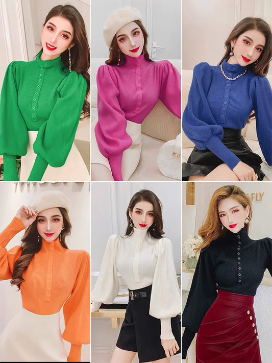 Feijie custom high-neck button fashion knitted bottoming shirt women's autumn 2022 new puff sleeve slim pullover