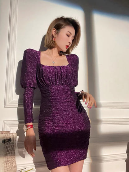 XULU original light luxury stretch knitted bright silk hip skirt temperament fashion ladies high waist long sleeve square neck dress 1190