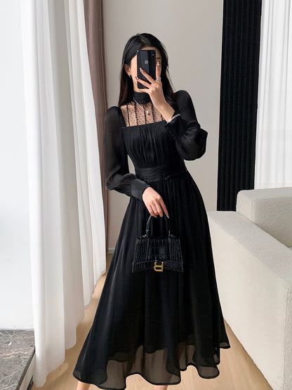 Guoge customized black dress women's 2023 spring new high-end sense waist slimming long-sleeved skirt