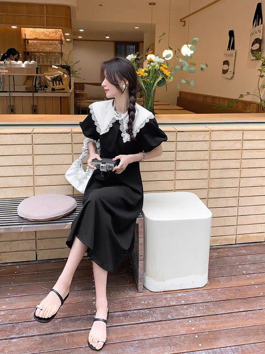 GUOGUOWOMEN Guoguo's French temperament lace edge doll collar dress female retro solid color long skirt 12