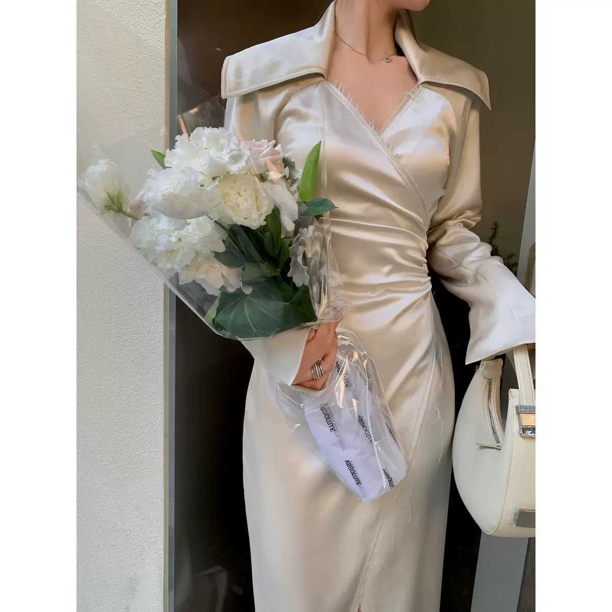 Middletone | High Art Sense French Large Lapel Acetate Satin Waist Dress Women's Long Sleeve Autumn