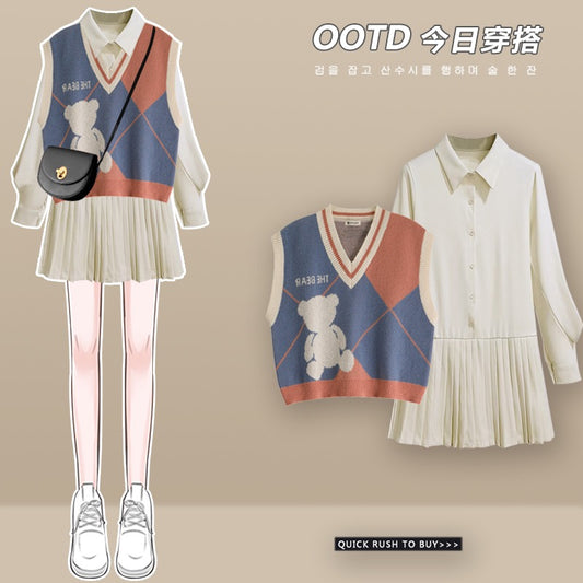 Japanese college style age-reducing shirt dress autumn new 2023 small knitted vest two-piece early spring
