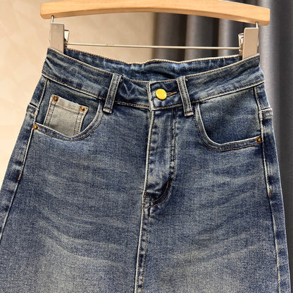 Retro denim skirt women's mid-length spring and summer new slimming and thin star slit high waist a-line bag hip skirt