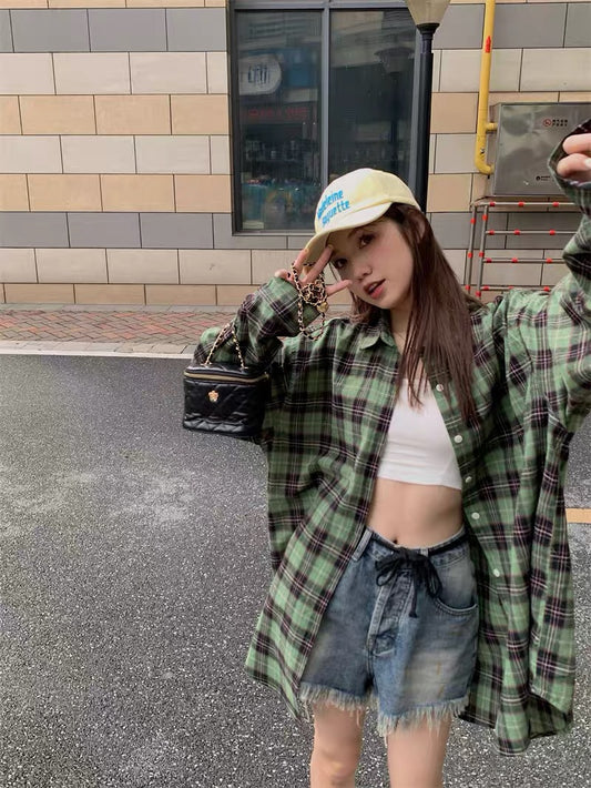 Green mid-length niche plaid shirt long-sleeved sunscreen shirt jacket summer Western-style loose casual top women 2132
