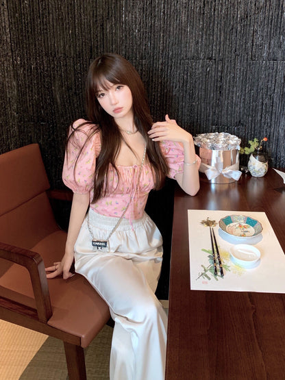 CHICYOU【Silky touch】Imitation acetic acid wrinkle-resistant elastic waist satin wide-leg pants casual loose trousers