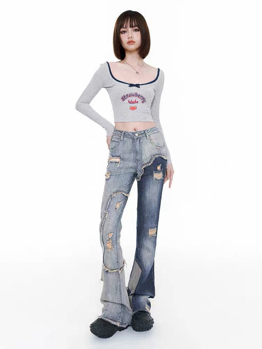 WooHa/Wuha jeans women's 2022 autumn new high waist ripped hole raw edge stitching straight micro flared trousers 1661