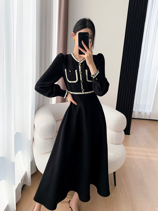 FT GUOGE black dress women's 2023 spring new high-end sense waist slimming Hepburn style long skirt
