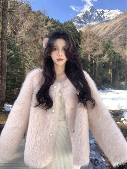 A sweet peach yikett "Peach's Yaoyao" pink coat female autumn and winter fur short section long-sleeved small man