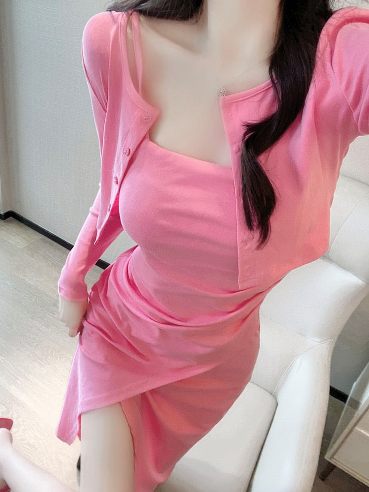 Pink suspender dress suit 2023 spring and autumn new temperament celebrity pure desire style sexy mid-length two-piece set