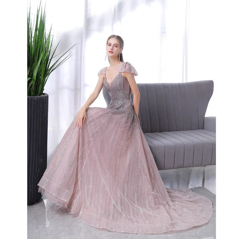 Pink purple V-neck one-shoulder high-end evening dress female 2022 new bridal banquet toast clothing annual meeting show