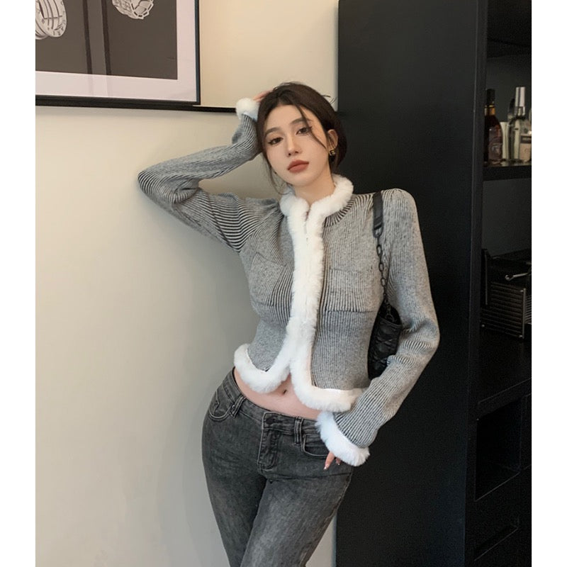 High-end super-good-looking sweater women's autumn and winter 2023 new design sense fur stitching chic long-sleeved sweater