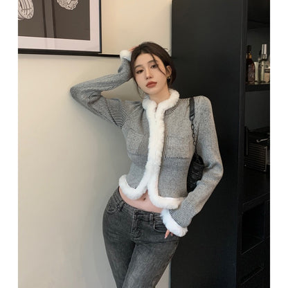 High-end super-good-looking sweater women's autumn and winter 2023 new design sense fur stitching chic long-sleeved sweater