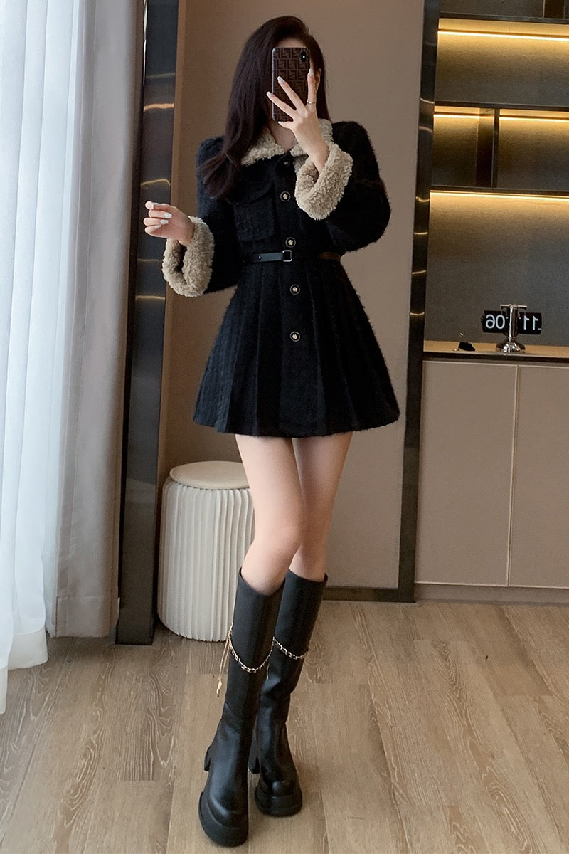 Autumn and winter new 2022 small fragrance black lamb wool dress women's high-end sense French small long-sleeved skirt