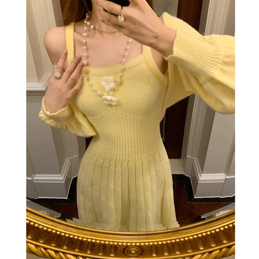 BETTER LS light luxury ladies women's sweet age-reducing sweater suit skirt knitted cardigan suspender skirt two-piece set