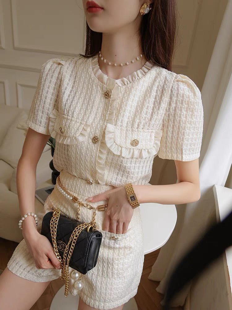[Earth Store] High-quality plaid small fragrance suit women's summer fashion temperament celebrity tops and shorts two-piece set