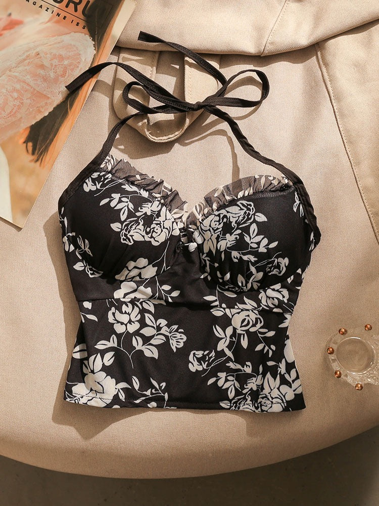 French Spice Girls Halter Neck Suspender Top Women's Summer High-end Sense Small Vest Sexy Slim Belt Chest Pad Design Sense Outerwear