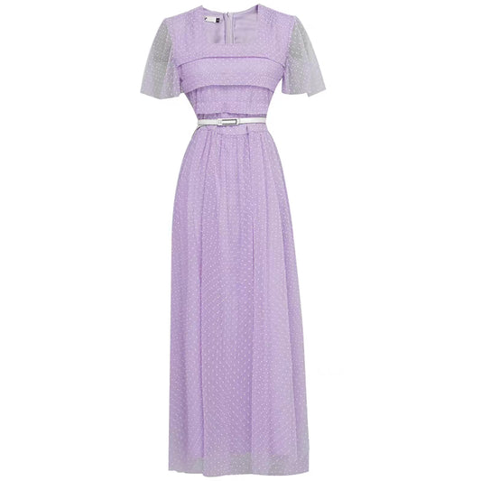 2022 summer new fashion square collar lotus leaf sleeves big swing wave point flocking mesh light purple fairy style dress
