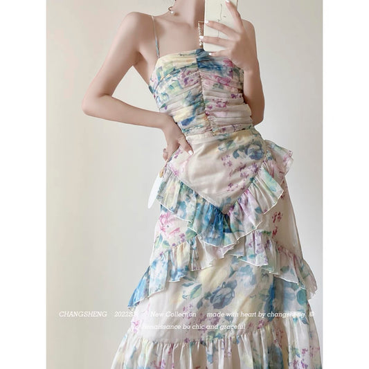 CHANGSHENG fairy dress French gentle little flying sleeves suspenders long fungus lace floral dress summer