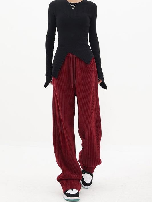 KEN STUDIO corduroy floor mopping wide-leg casual pants women's autumn and winter loose slim belt drawstring sweatpants pants