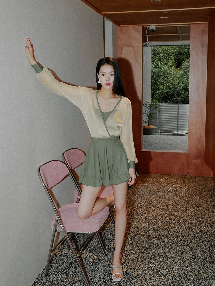 Yimeishan One-Piece Swimsuit Women Slim Thin Cover Belly Conservative Dress Long Sleeves 2022 New Hot Spring Swimsuit