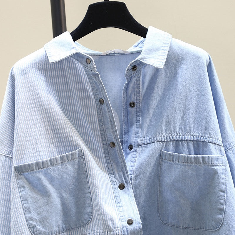 Design sense niche denim shirt women 2023 spring new light familiar style striped stitching shirt retro thin coat